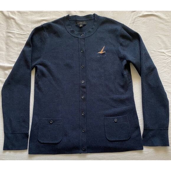 EUC! Twinhill Wool Blend Cardigan Sweater Uniform ALASKAN Crewneck M Navy Blue - Picture 1 of 9